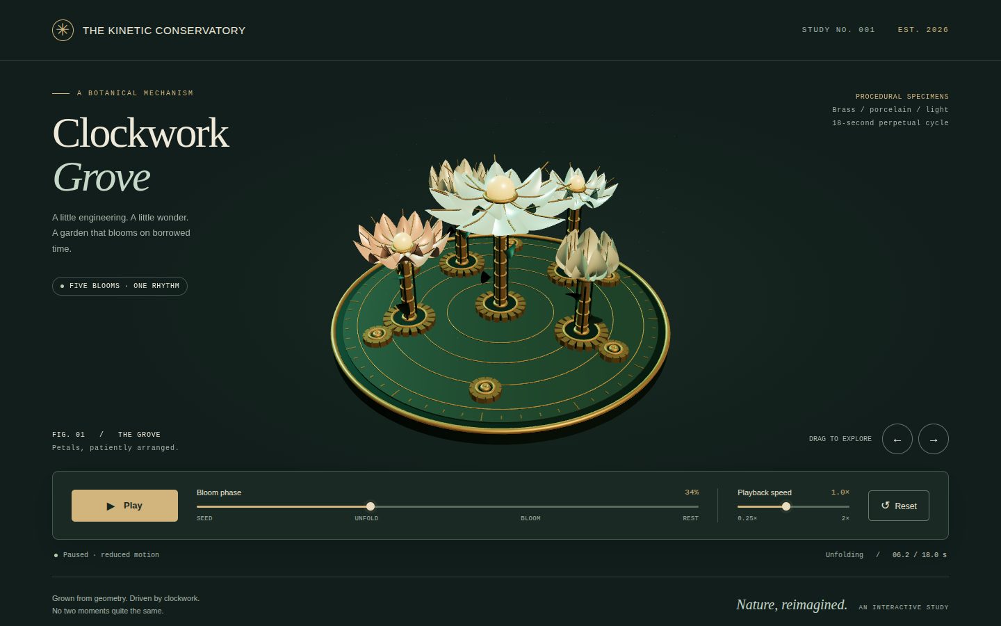 Desktop screenshot of the page the Agent built for: Build Clockwork Grove, a Three.js animated mechanical garden with original procedural flowers that unfold in a choreogra