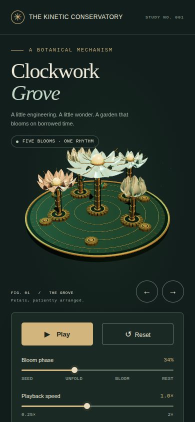 Phone screenshot of the page the Agent built for: Build Clockwork Grove, a Three.js animated mechanical garden with original procedural flowers that unfold in a choreogra