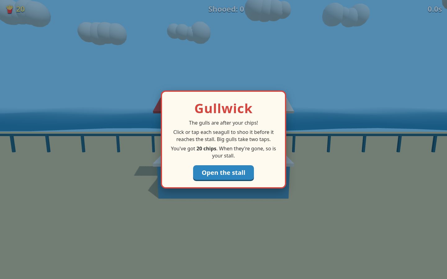 Desktop screenshot of the page the Agent built for: Make a tiny 3D arcade game called Gullwick: seagulls swoop down at a seaside chip stall, and you click or tap each gull 