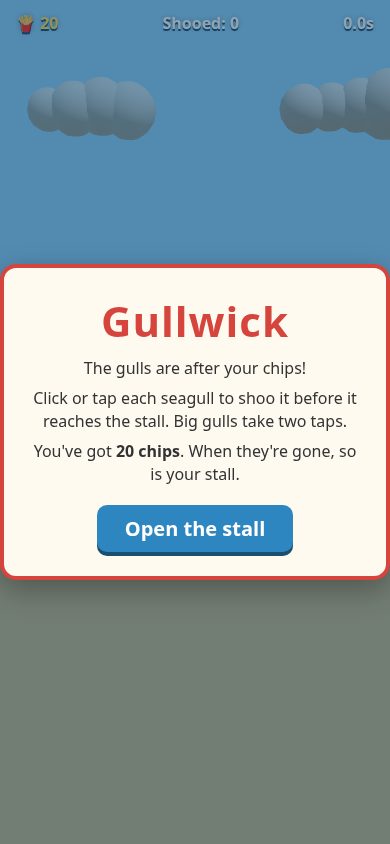 Phone screenshot of the page the Agent built for: Make a tiny 3D arcade game called Gullwick: seagulls swoop down at a seaside chip stall, and you click or tap each gull 