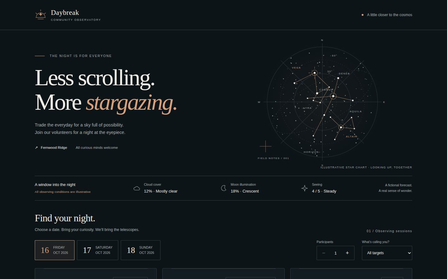 Desktop screenshot of the page the Agent built for: Build Daybreak Observatory, a fictional volunteer stargazing-session planner. Use an editorial dark astronomical visual 