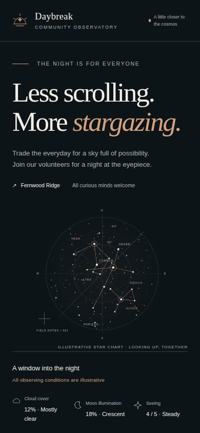Phone screenshot of the page the Agent built for: Build Daybreak Observatory, a fictional volunteer stargazing-session planner. Use an editorial dark astronomical visual 