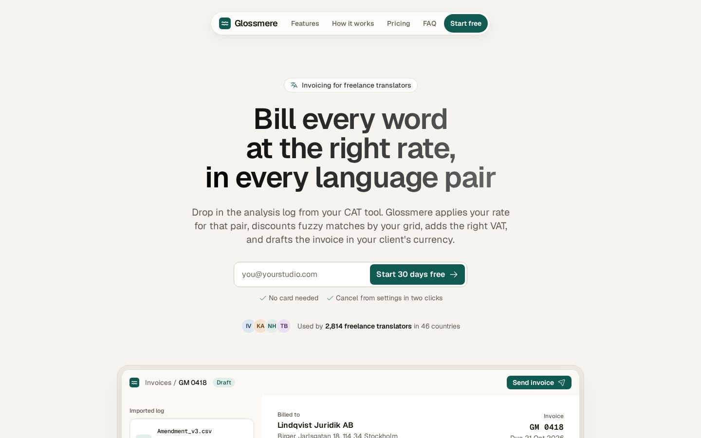 Desktop screenshot of the page the Agent built for: Build a landing page for Glossmere, a fictional invoicing app for freelance translators that bills per word and per lang