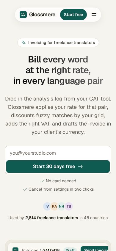 Phone screenshot of the page the Agent built for: Build a landing page for Glossmere, a fictional invoicing app for freelance translators that bills per word and per lang