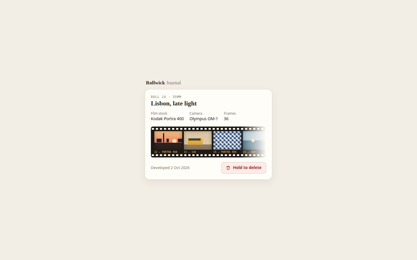 Desktop screenshot of the page the Agent built for: Build hold.html: a film-roll card for Rollwick, a fictional film-photo journal app, with a hold-to-delete button. Holdin
