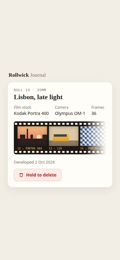 Phone screenshot of the page the Agent built for: Build hold.html: a film-roll card for Rollwick, a fictional film-photo journal app, with a hold-to-delete button. Holdin