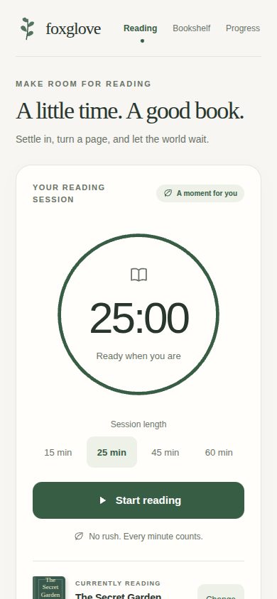 Phone screenshot of the page the Agent built for: Design a mobile-first Apple-style reading timer for Foxglove, a fictional reading app. Include a session timer, a book p