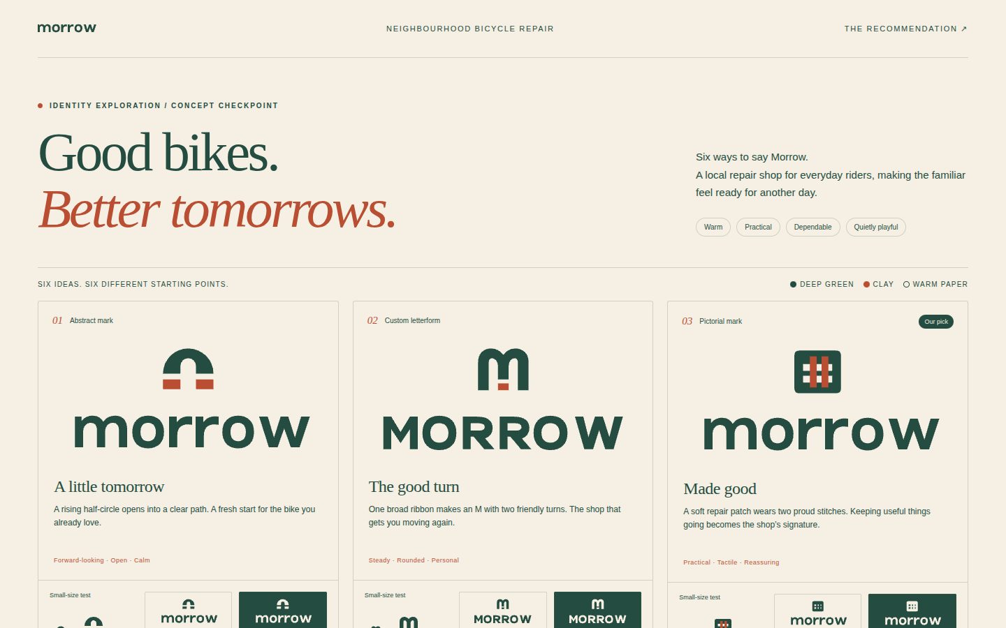 Desktop screenshot of the page the Agent built for: Design six distinct, original logo concepts for Morrow, a fictional neighbourhood bicycle repair shop for everyday rider