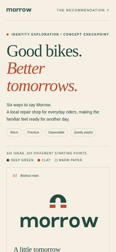 Phone screenshot of the page the Agent built for: Design six distinct, original logo concepts for Morrow, a fictional neighbourhood bicycle repair shop for everyday rider