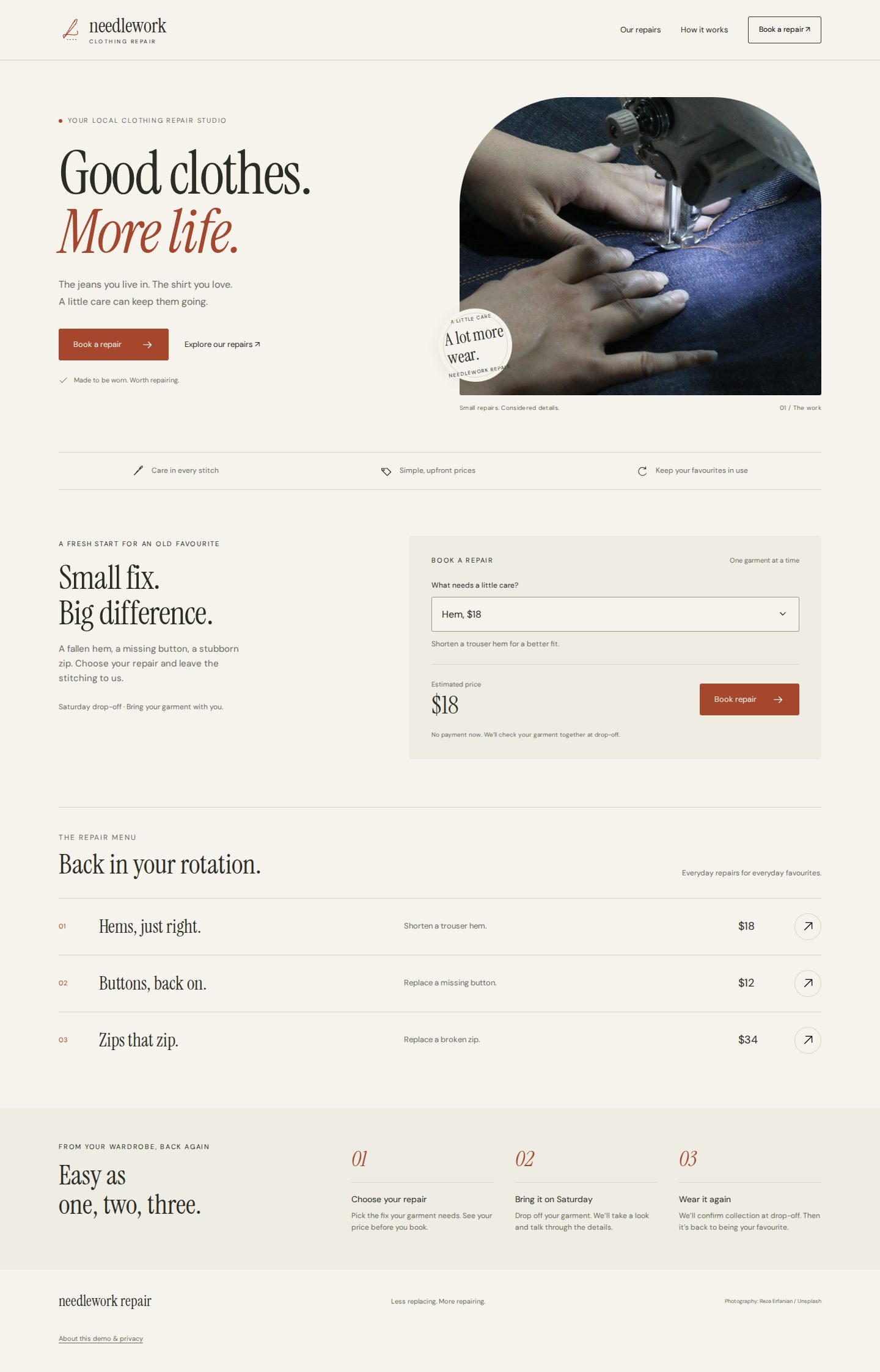 Desktop screenshot of the page the Agent built for: Audit and redesign the supplied Needlework Repair page as a premium local clothing-repair service. Preserve its repair s