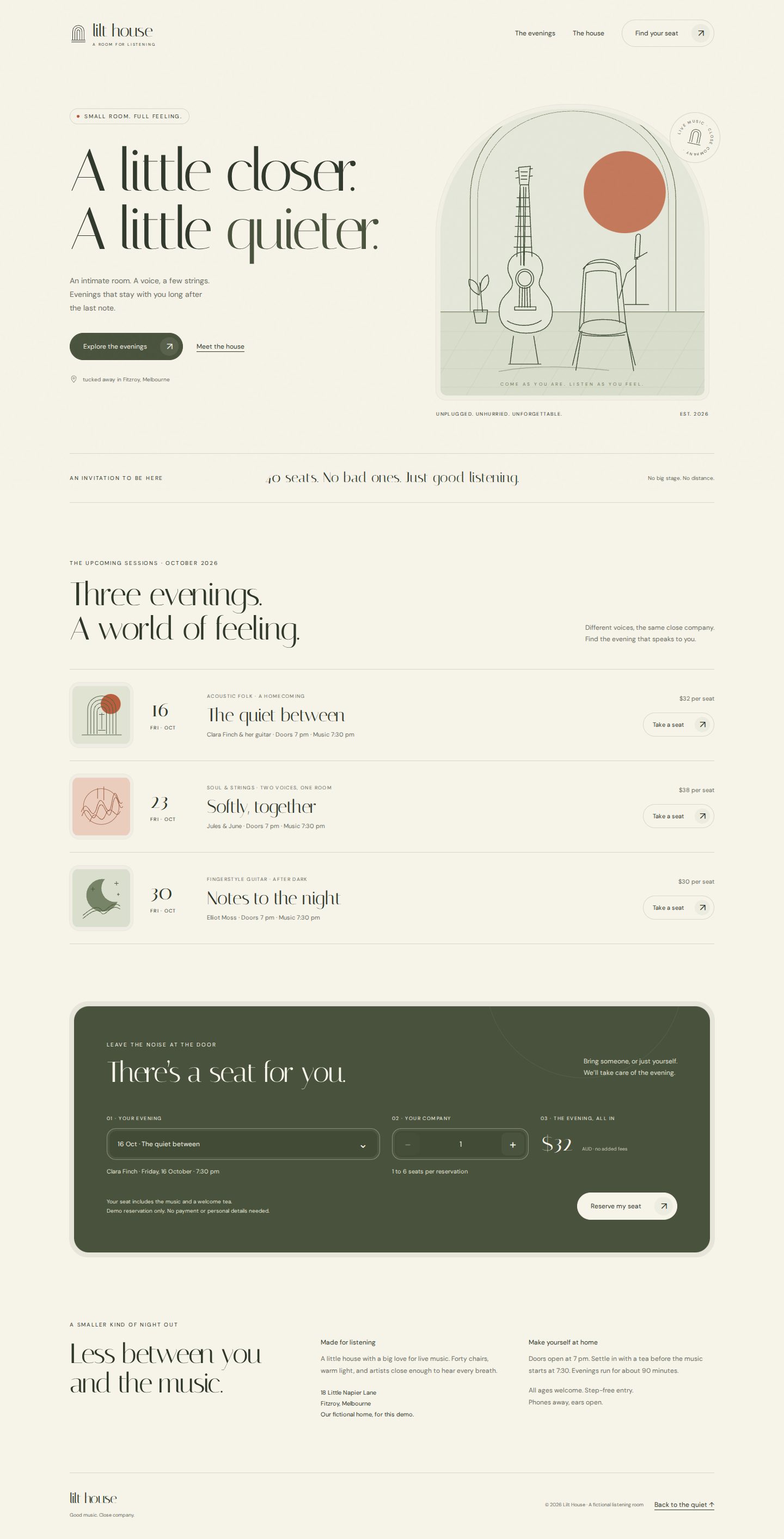 Desktop screenshot of the page the Agent built for: Build a premium landing page for Lilt House, a fictional listening room hosting small acoustic concerts. Choose editoria