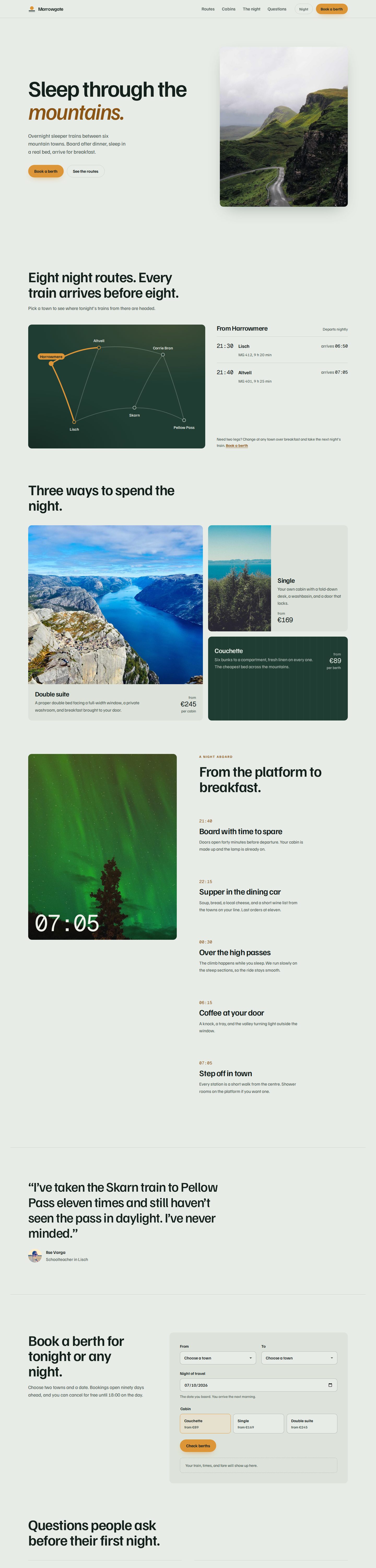 Desktop screenshot of the page the Agent built for: Build a landing page for Marrowgate, a fictional sleeper-train company that runs overnight routes between six mountain t