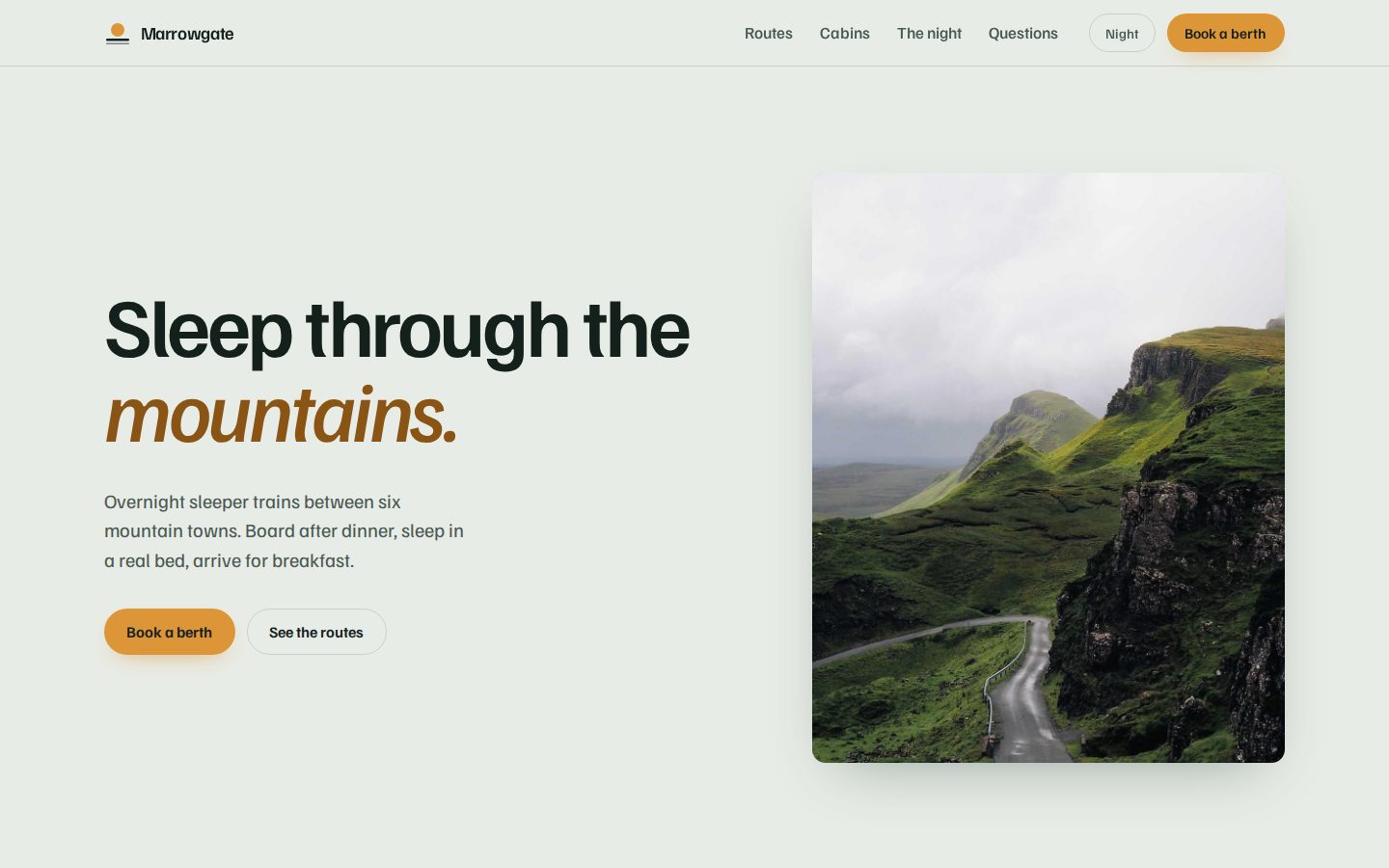 Desktop screenshot of the page the Agent built for: Build a landing page for Marrowgate, a fictional sleeper-train company that runs overnight routes between six mountain t