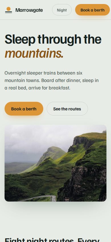 Phone screenshot of the page the Agent built for: Build a landing page for Marrowgate, a fictional sleeper-train company that runs overnight routes between six mountain t