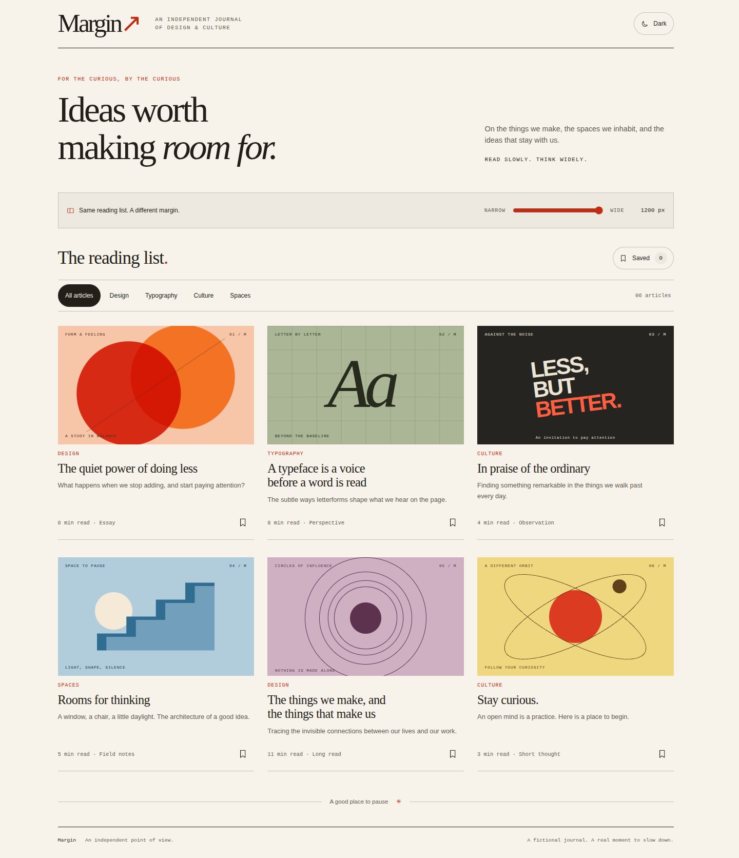 Desktop screenshot of the page the Agent built for: Build a polished responsive reading-list component for a fictional independent design journal called Margin. Show six ar