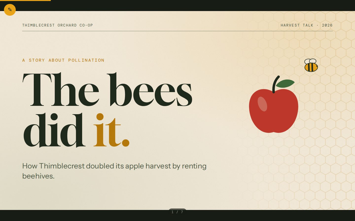 Desktop screenshot of the page the Agent built for: Make a 7-slide speaker-led talk deck on how Thimblecrest, a fictional orchard co-op, doubled its apple harvest by rentin