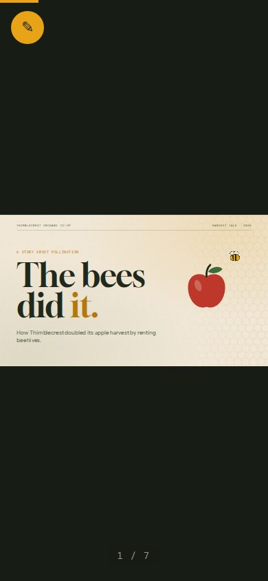 Phone screenshot of the page the Agent built for: Make a 7-slide speaker-led talk deck on how Thimblecrest, a fictional orchard co-op, doubled its apple harvest by rentin